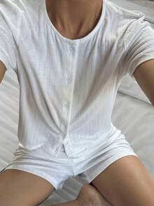 Livesso 2pcs/Set Women Casual Round Neck Knit Top And Shorts - White - View 1