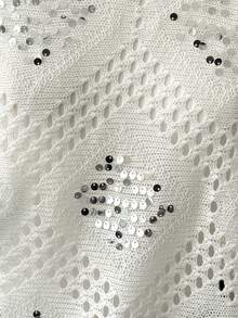 Chiquease 女士春夏休闲优雅日常派对菱形图案百搭纯色船领修身镂空亮片长袖插肩针织套头衫，女士白色上衣，女士派对，女士度假，女士闪亮上衣，亮片，镂空，女士度假钩针编织镂空上衣 - 白色 - 查看 7