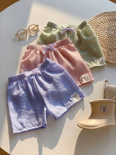 SHEIN Unisex Baby 3pcs/Set Cute Tulle Striped Swim Trunks, Swimsuit Set, Suitable For Beach, Swimming And Daily Wear