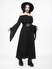 ROMWE Goth 女士哥特式露肩喇叭袖收腰连衣裙 - 黑色 - 查看 7