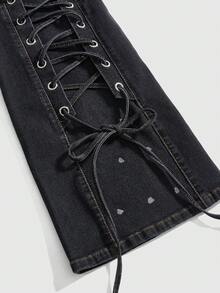 ROMWE Grunge Punk Quần jeans ống loe phong cách punk cổ điển dành cho nữ, cạp chun điều chỉnh được, kiểu dáng bạc màu. - màu đen - Xem 4