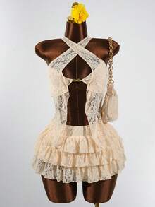 SaltGleam SaltGleam Bộ đồ nữ gợi cảm và ngọt ngào gồm áo hai dây ren khóa kim loại và chân váy xếp tầng. - Màu be - Xem 5