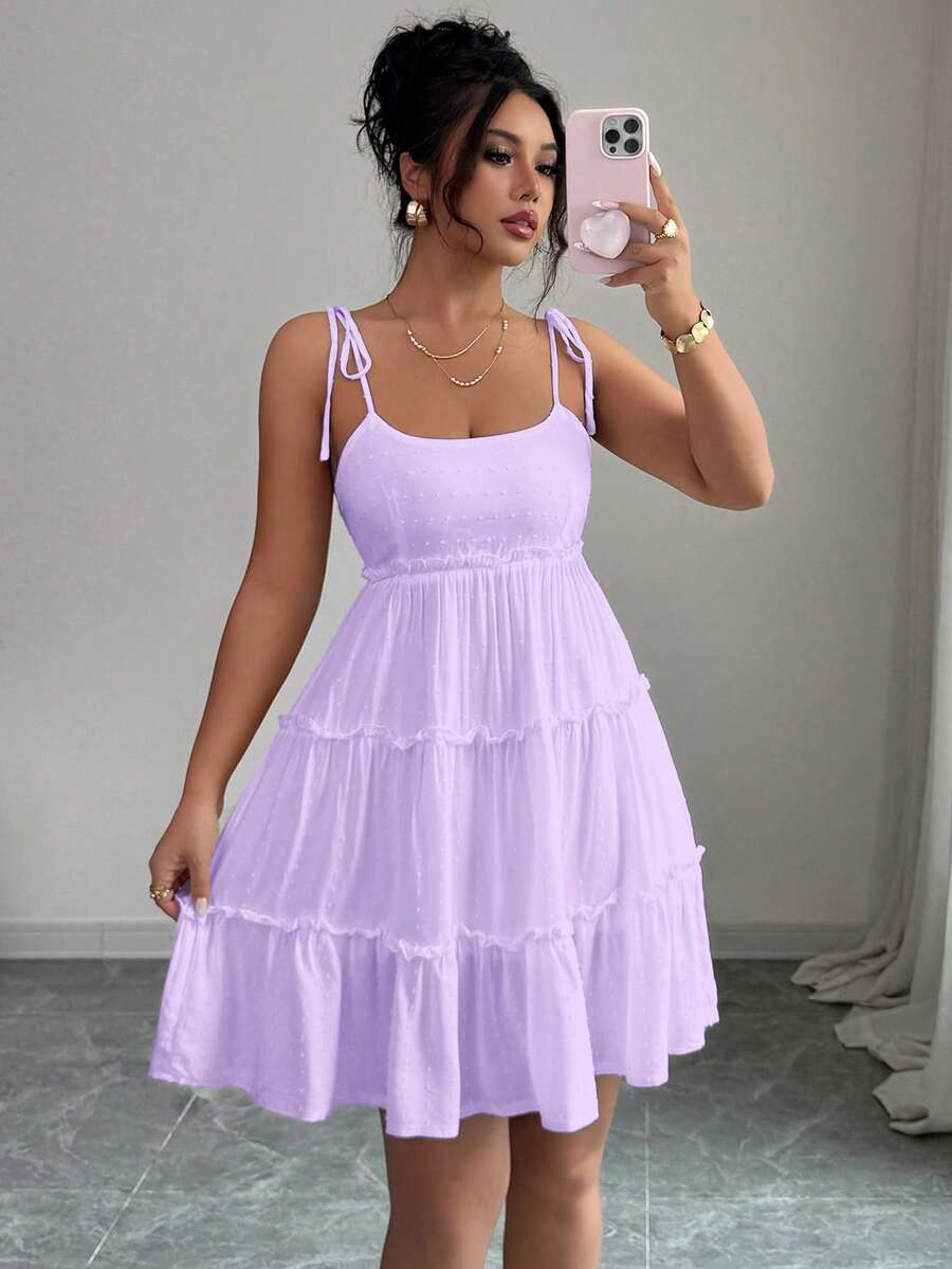 Elenzga Đầm hai dây viền bèo chấm bi Thụy Sĩ, trang phục đi biển cho nữ. - Màu tím hoa cà - Xem 1