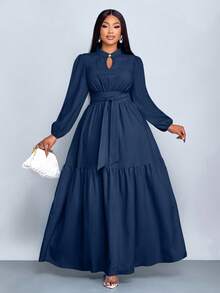 SOLERSUN Plus-Size Women's Fashion Solid Color Loose Casual Stand Collar Front Slit Teardrop Button High-End Design Tie-Waist Slim A-Line Long Dress, Elegant, Comfortable, Casual And Fashionable Commuter Dress - Navy Blue - View 1