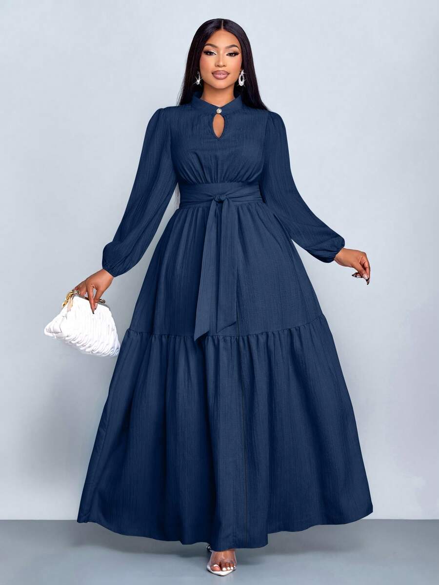 SOLERSUN Plus-Size Women's Fashion Solid Color Loose Casual Stand Collar Front Slit Teardrop Button High-End Design Tie-Waist Slim A-Line Long Dress, Elegant, Comfortable, Casual And Fashionable Commuter Dress - Navy Blue - View 1