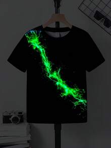 SHEIN 男童休闲时尚酷炫经典霓虹印花短袖圆领T恤，适合夏季穿着 - 黑色 - 查看 2