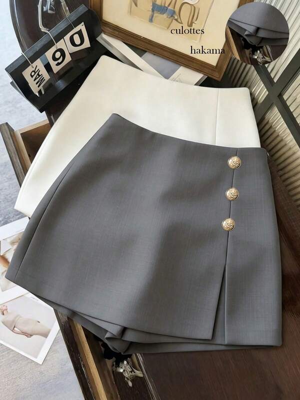 Resyla 女士休闲短裙，二合一设计，侧开衩，前纽扣装饰，灰色西装面料搭配竹纤维短裤，适合夏季休闲、度假、通勤、居家、约会、日常穿着、夏季、派对、海滩、毕业典礼、商务办公等场合，百搭时尚。