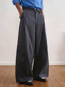 TOKVUE Pantalones casuales de rayas de pierna ancha para hombre, pantalones casuales rectos y sueltos con bolsillos, pantalones holgados grises, pantalones de diseñador, pantalones de cintura alta de pierna ancha, pantalones grises de vestir, pantalones grises - Gris Oscuro - Ver 3