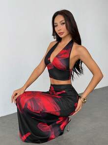 SHEIN PETITE 女款掛脖露背短版上衣與飄逸長裙套裝，紅色花卉圖案，2件套女裝套裝，適合嬌小女性 - 黑色 - 查看 7