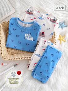 男婴海军卡通鲸鱼船海洋主题图案短袖睡衣四件套，贴身款，图案随机 - 藍白色 - 查看 7