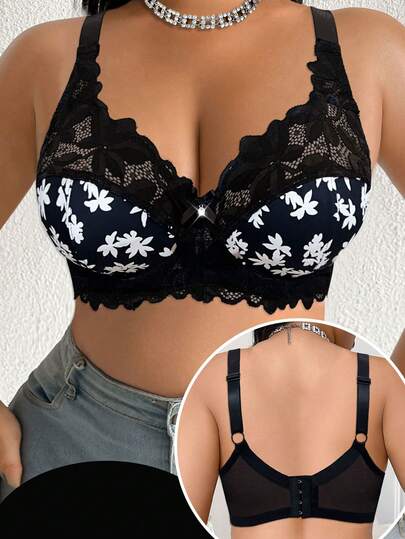 DesireSculpt 1pc Plus Size Lace Patchwork Underwire Bra