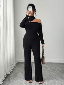 Elenzga Plus Size Women's Solid Color Round Neck Jumpsuit, Suitable For Commuting - Black - View 7