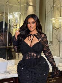 NU&NOW 女士浪漫、高端、休闲、年轻、时尚、奢华黑色蕾丝性感针织弹力修身长袖衬衫，简约百搭，适合通勤和日常穿着，春、秋、冬三季皆宜。 - 黑色 - 查看 4