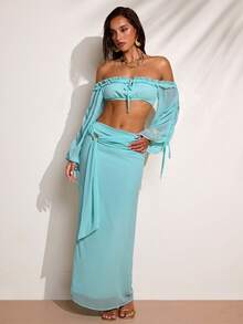 SHEIN BAE 女士性感波西米亚风度假风纯色露肩抽绳灯笼袖超短上衣和迷你裙套装，春夏款。这款绿色露肩荷叶边两件套非常适合浪漫约会、派对、正式聚会、生日装扮、海滩度假、海滩派对和日常出行。（夏季、春季、派对、海滩、度假、夏季度假装扮、假日） - 薄荷綠 - 查看 3