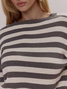 MUSERA 条纹宽松短款圆领针织套头衫，可爱性感，适合春、冬、日常、外出、复活节等场合。 - 灰色 - 查看 6