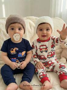 Cozy Pixies 4pcs Baby Boy Snug Fit Pajama Set, Cartoon Car Print Soft Knit Crew Neck Short Sleeve Top And Elastic Waist Long Pants Toddler Car Clothes 2pcs Newborn Baby Boy Car Print Romper Baby Boy Fire Truck Clothing Boy Toddler Sets - Multicolor - View 1
