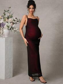 Momance 孕妇纯色网纱拼接优雅派对鸡尾酒礼服 - 酒紅色 - 查看 5