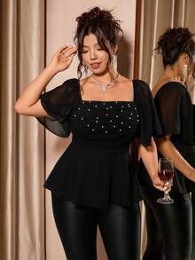 Cravure 加大码女式方领仿珍珠装饰优雅荷叶边袖上衣黑色俱乐部风上衣 - 黑色 - 查看 3