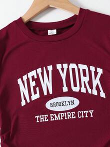 SHEIN 一件式短袖休闲印花春夏少女夏季通勤套装，运动休闲直筒裤，短袖轻便舒适两件套。 - 酒紅色 - 查看 3