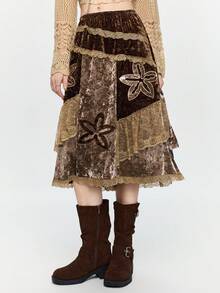 ROMWE Fairycore 仙女风天鹅绒撞色蕾丝中长裙 - 彩色 - 查看 6