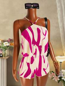 Mistrie Women's Summer Beach Vacation Style All-Over Print Pleated Halter Romper - Hot Pink - View 5