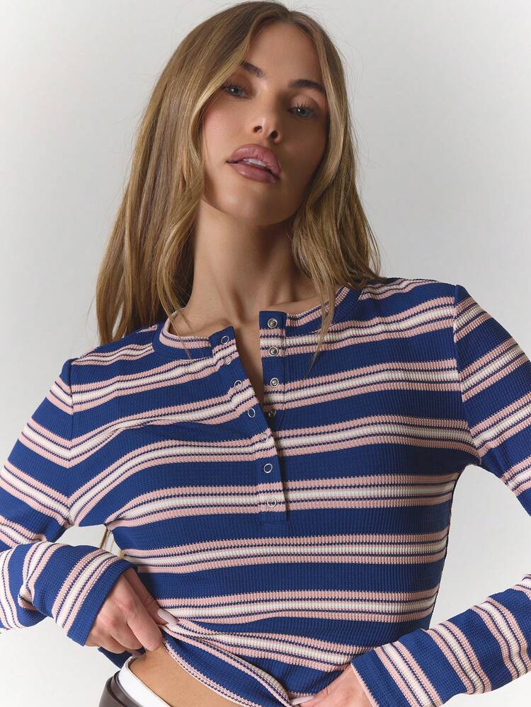 MUSERA Crew Neck Popper Striped Long Sleeve T-Shirt Top Cute Sunday Best Pastel Stripe Airport Graphic Tees Back To School  Summer Spring Holiday - Navy Blue - View 5