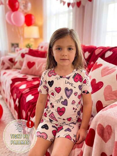 Young Girls Pajamas-2 Piece Pajama Set Spring To Summer Heart Print Pajama Set Cute Pink Purple And White Short Sleeve Round Neck Top With Matching Shorts Nightwear Valentine 2026 Holiday Must Have Four Season Soft Stretchy Comfortable Toddler Little Kid Sleepwear Snug Fit Pants Pajama Set