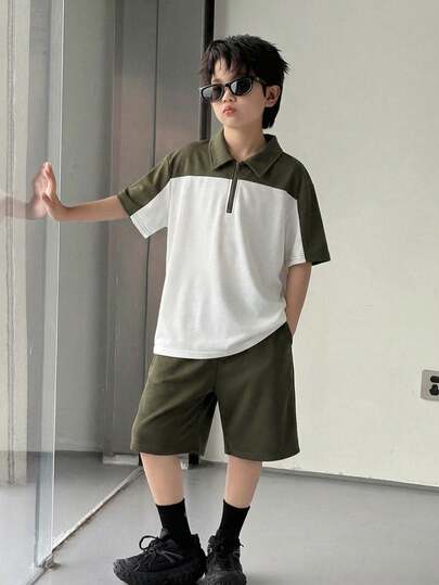 SHEIN 2pcs/Set Tween Boy Casual Contrast Color Block Polo Shirt And Shorts Set, Suitable For Commuting, School, Daily Casual Wear, Sports, Spring/Summer