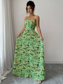 Elenzga Elegant Floral Print Pleated Tie-Front Backless Dress, Summer - Green - View 3
