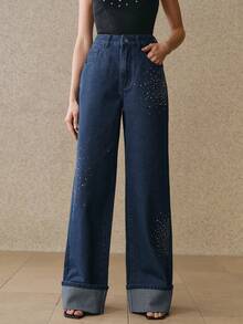 Anewsta Women's Romantic Glitter Straight Leg Jeans, Suitable For Valentine's Day Party And Vacation, Blue - Blue - View 8