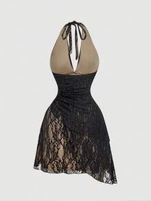 SHEIN MOD 女士蕾丝蝴蝶结不对称吊带紧身连衣裙 - 黑色 - 查看 5