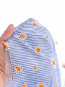 Toddler Girls' Blue Daisy Print Mesh Striped Sleeveless Bow Tie Waist Princess Dress, Summer Beach Holiday Outdoor Play - Blue - View 8