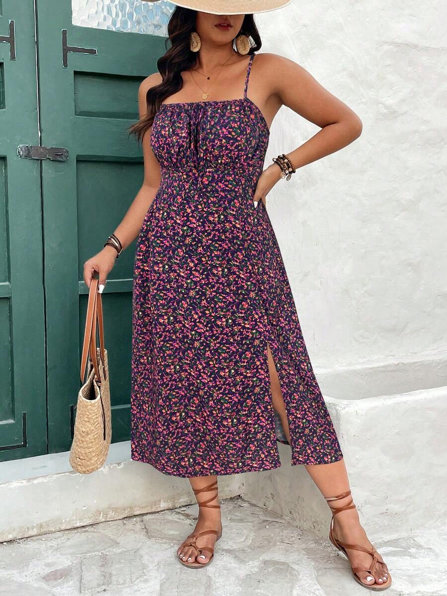 SHEIN Frenchy 大码女式碎花系带前侧开衩吊带连衣裙，度假风 - 彩色 - 查看 1