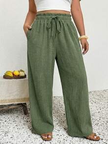 SHEIN Frenchy 大码女式休闲纯色长裤，适合度假穿着，阔腿裤，休闲阔腿裤，春季阔腿裤，波西米亚风女裤 - 綠色 - 查看 3