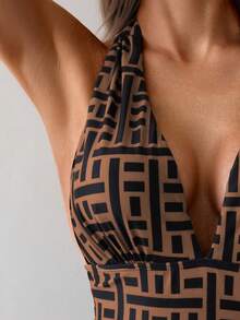 Swim Lushoire Women's Vacation Geometric Print Plunging Neck One-Piece Swimsuit For Summer - Multicolor - View 4