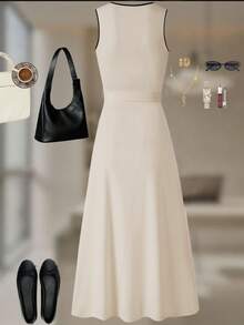 Qadelle 女士时尚优雅撞色滚边腰部中长连衣裙 - 杏色 - 查看 2