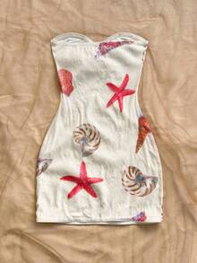 Vestido corto ajustado de mujer para vacaciones, de punto blanco con textura, sin tirantes, escote en pico, fruncido, decoración de estrella de mar metálica, para fiesta sexy, cita, playa, vacaciones de verano - Multicolor - Ver 3
