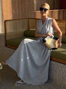 DAZY Đầm không tay cổ yếm, màu trơn, dáng rộng, thắt eo, kiểu dáng thường ngày, thích hợp mặc đi nghỉ dưỡng cho nữ, kiểu đầm mùa xuân/hè. - Xám - Xem 3