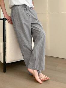 DAZY Pantalones de estar por casa con cintura elástica a rayas grises para hombres, primavera/verano - Gris - Ver 6