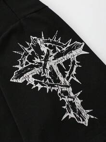 ROMWE MEN Men's Letter & Figure Print Loose Fit Round Neck Short Sleeve T-Shirt - Black - View 4