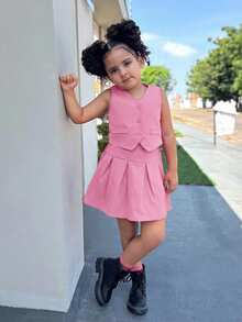 SHEIN 2pcs Young Girl Woven Solid Color Vest And Skirt Set - Coral Pink - View 4