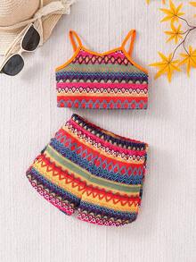 SHEIN Conjunto de top de tirantes y pantalones cortos con estampado geométrico de estilo bohemio para bebé niña - Naranja - Ver 1