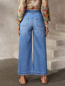 EMERY ROSE 女士休闲日常通勤百搭拼接口袋宽松阔腿牛仔裤 - 藍色 - 查看 2