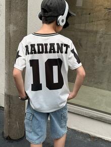 SHEIN Tween Boy Casual Versatile Letter Print Pattern Ribbed Collar Mesh Loose Knit T-Shirt, Suitable For School, Garden, Beach, Birthday, Spring, Summer, Autumn, Winter - Black and White - View 5