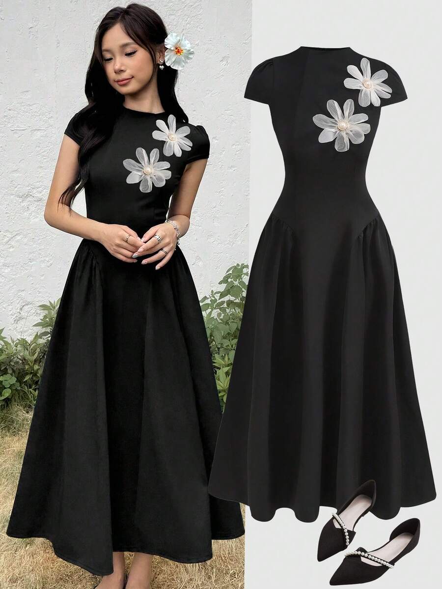 SHEIN 少女休闲简约舒适收腰纯色连衣裙 - 黑色 - 查看 1