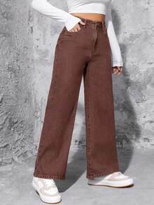 SHEIN PETITE 女式高腰口袋阔腿宽松休闲百搭牛仔裤 - 咖啡棕 - 查看 5