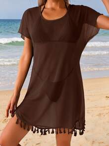 Swim Lushoire 女士沙滩度假装短袖拼接流苏网纱罩衫T恤裙 - 棕色 - 查看 4