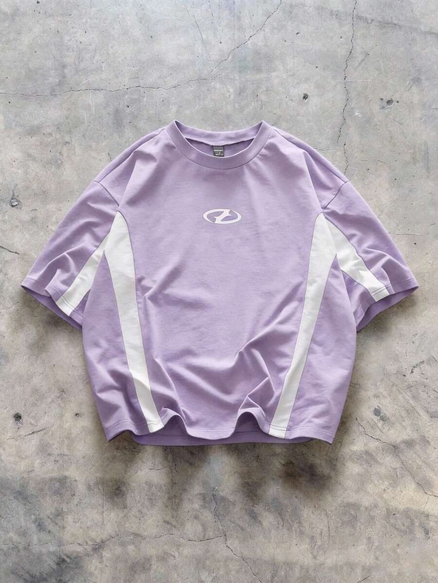 AXEPEAK Kaos Rajut Kasual Pria Lengan Pendek Longgar Motif Patchwork - Mauve Purple - View 1