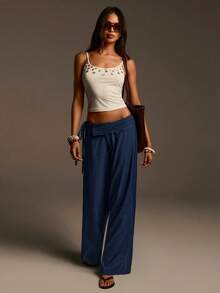 Athîral Pantalones anchos casuales de mujer con cintura con cordón, diseño de pliegue en la cintura, ajuste holgado, tela tejida cómoda y suave, casual para mujer, pantalones casuales para mujer, playa, vacaciones de primavera, mujer de primavera, vacaciones de verano, pantalones de playa, pantalones azules, vacaciones de verano, verano para mujer, vacaciones para mujer - Azul - Ver 3