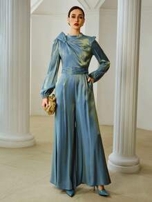 ZEYLAH Mono elegante de mujer con decoración de lazo y mangas de farol - Azul - Ver 1